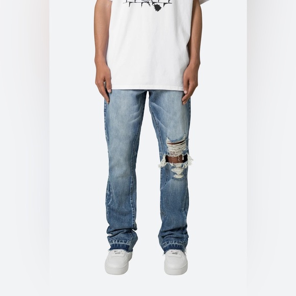 MNML Flare Blue Denim Jeans Distressed - Picture 10 of 13